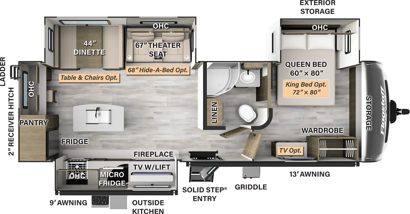 The 27FBIK has three slideouts and one entry. Exterior features a 9 foot awning and a 13 foot awning, solid step entry, outside kitchen with refrigerator, griddle, exterior storage, rear ladder, and 2 inch receiver hitch. Interior layout front to back: front storage, door side wardrobe, dresser, and off-door side queen bed slideout with overhead cabinets (king bed and TV optional); off-door side full pass thru bathroom with linen closet; off-door side slideout with theater seating (hide-a-bed optional), overhead cabinets, and a dinette (table and chairs optional); door side slideout with fireplace, TV with lift, microwave, cooktop, and overhead cabinets; kitchen island with sink; rear refrigerator, pantry, overhead cabinets, and desk with chair.